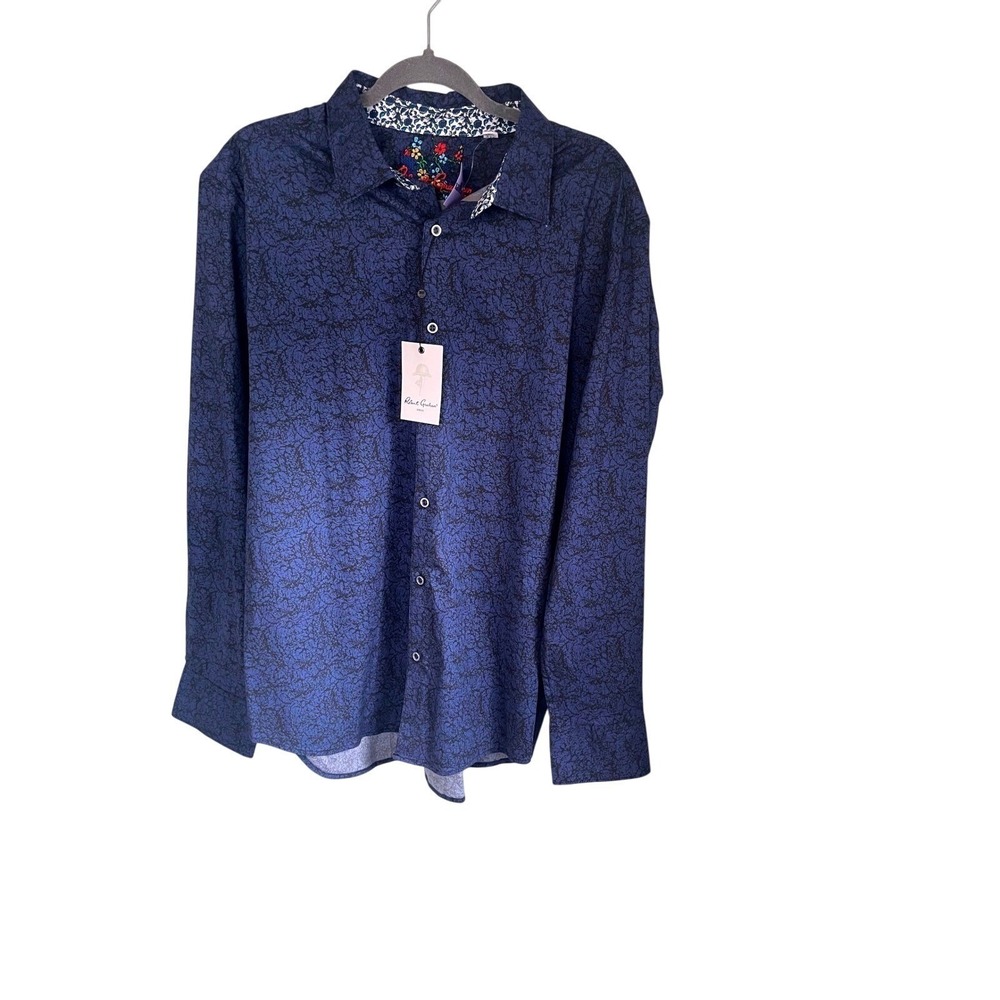 NWT Robert Graham Armstrong Navy Blue Crackle Print Button Down Shirt 2XL